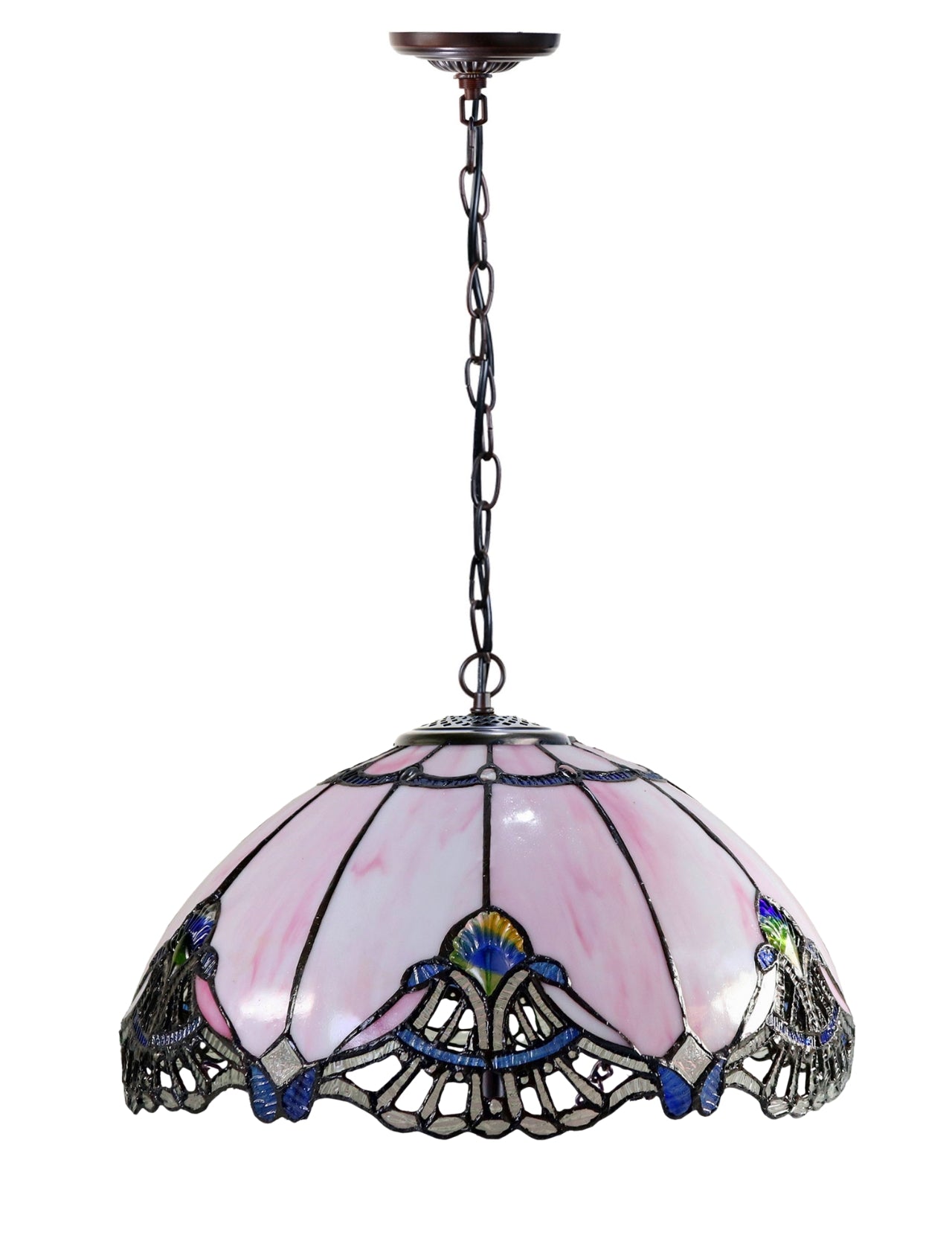 Large 16" Pink Rococo Style Tiffany Stained Glass Pendant Light Large 16" Pink Rococo Style Tiffany Stained Glass Pendant Light