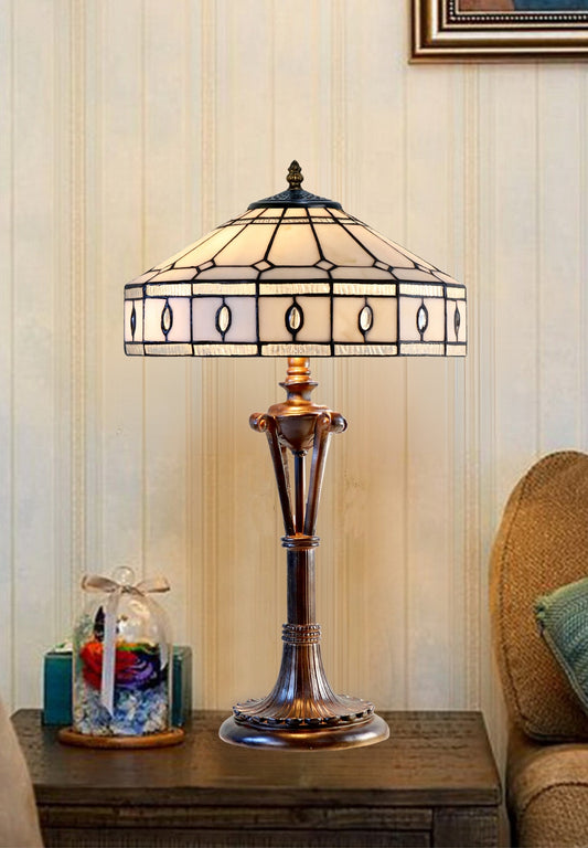 Large Art Deco Geometric Tiffany Table Lamp with Antique style Base