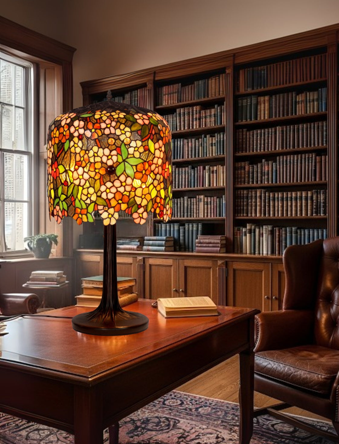 Museum Quality apple blossom Tiffany Stained Glass Table Lamp with Trunk Base Museum Quality apple blossom Tiffany Stained Glass Table Lamp with Trunk Base