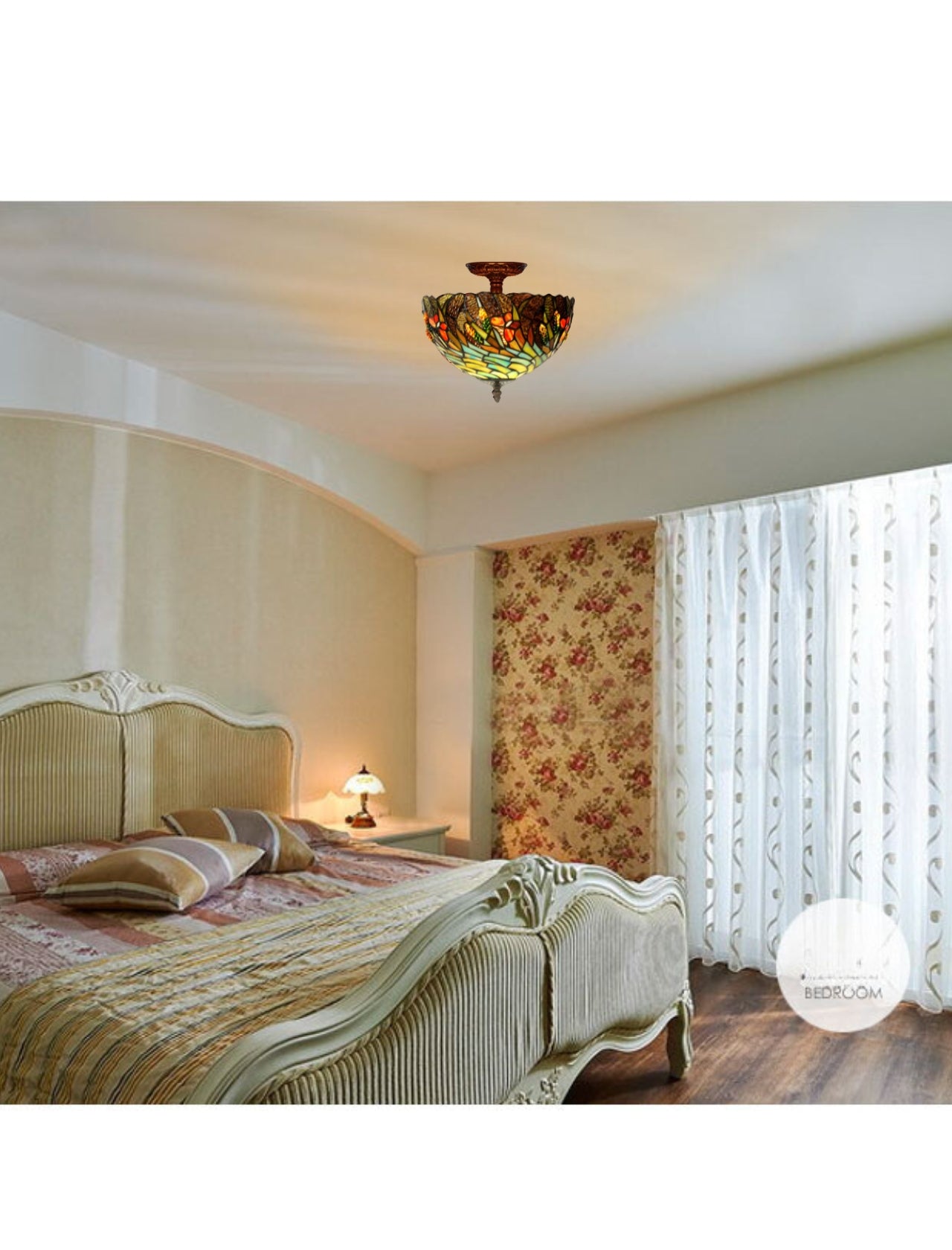 12"Golden Wheat Head Butterfly Tiffany Semi Flush Mount Ceiling Light 12"Golden Wheat Head Butterfly Tiffany Semi Flush Mount Ceiling Light