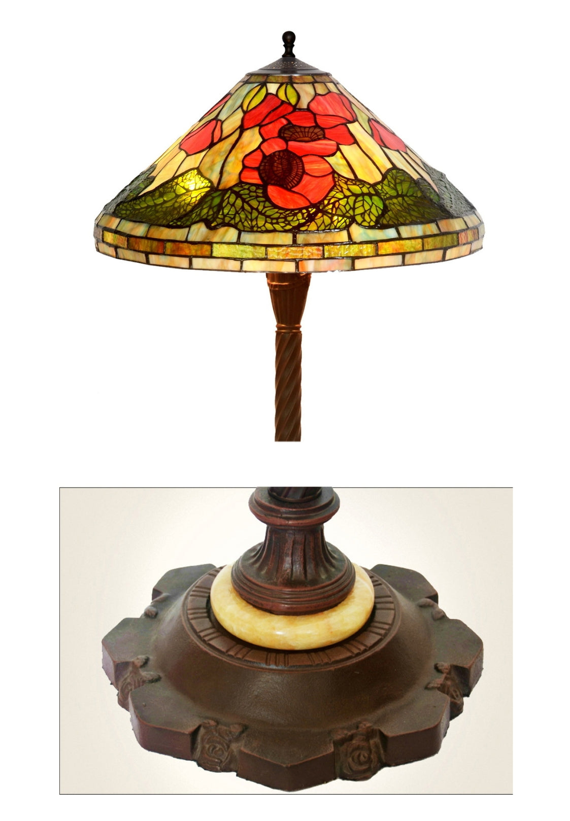 Traditional Reproduction Huge 20" Red Poppy Gold Tiffany Floor Lamp Traditional Reproduction Huge 20" Red Poppy Gold Tiffany Floor Lamp