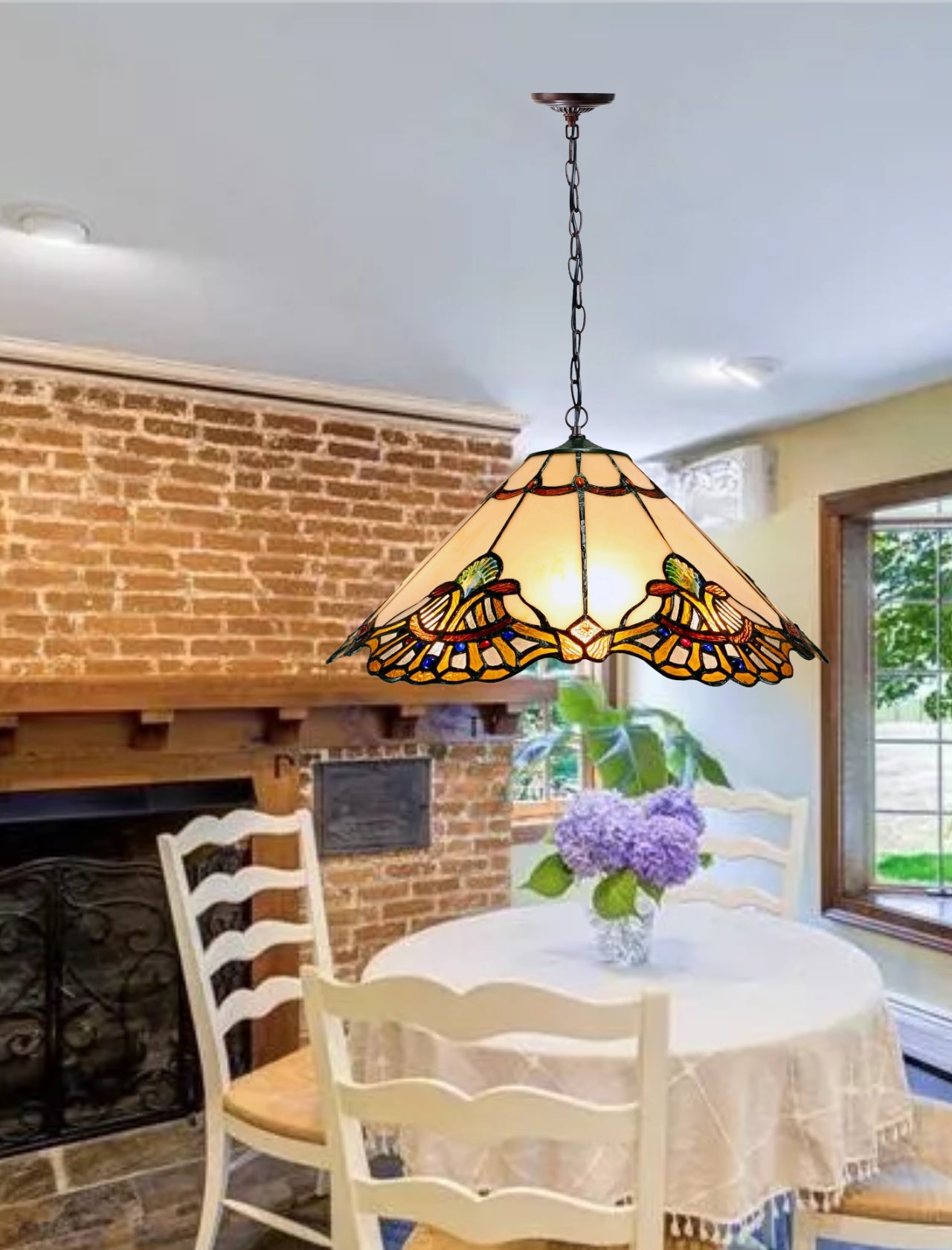 Large 20 " Beige Baroque Style Tiffany  Pendant Light Large 20 " Beige Baroque Style Tiffany  Pendant Light