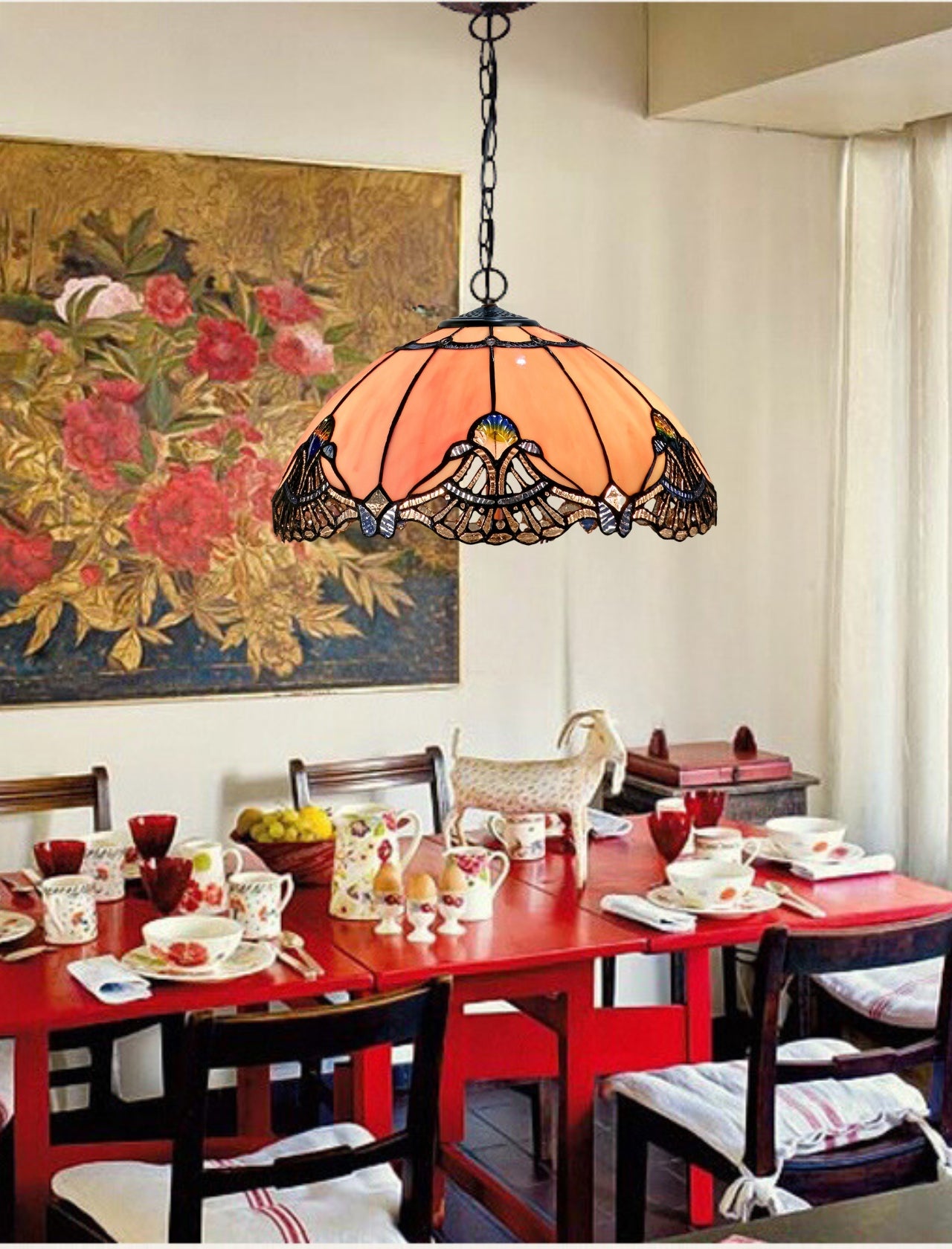 Large 16" Pink Rococo Style Tiffany Stained Glass Pendant Light Large 16" Pink Rococo Style Tiffany Stained Glass Pendant Light