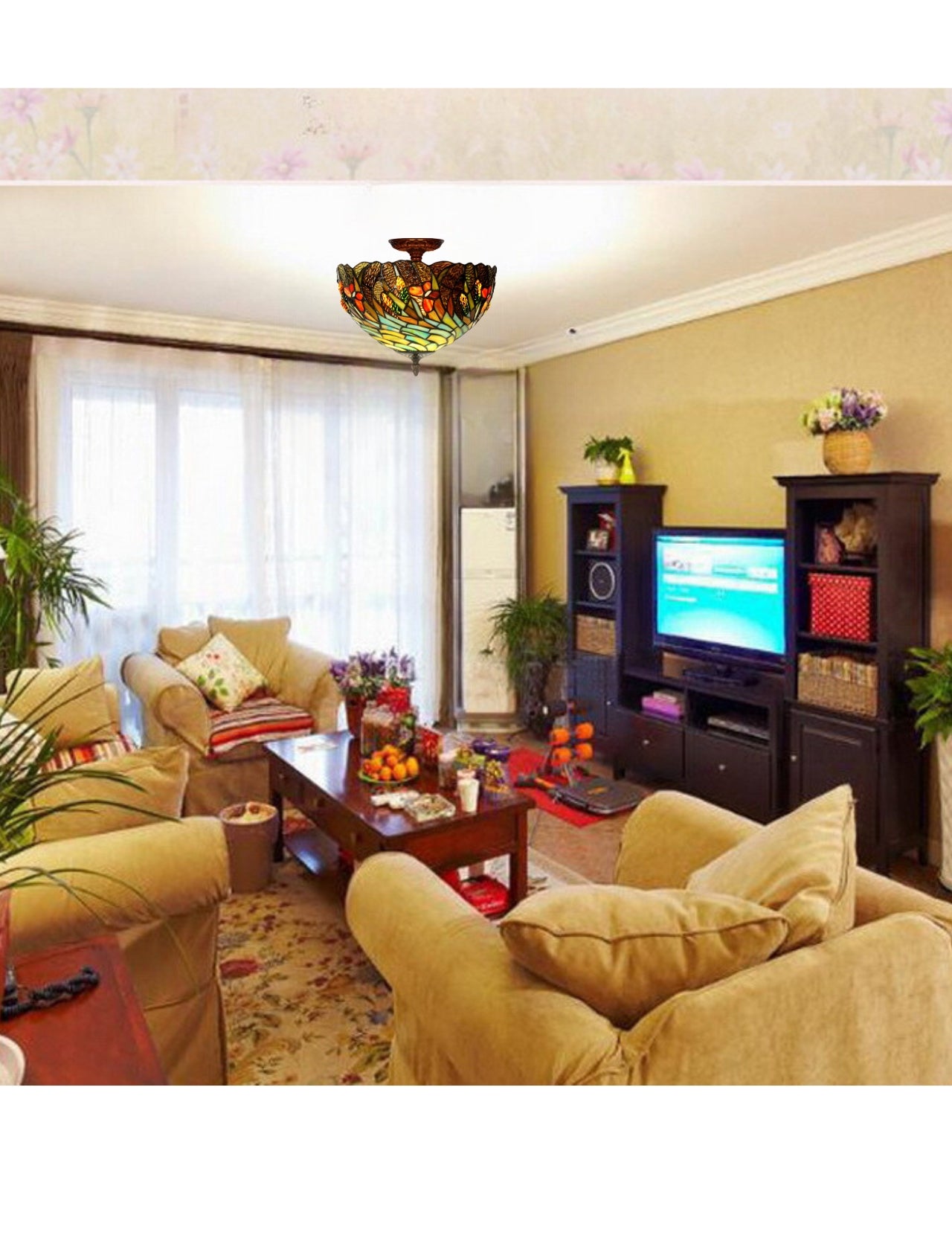 12"Golden Wheat Head Butterfly Tiffany Semi Flush Mount Ceiling Light 12"Golden Wheat Head Butterfly Tiffany Semi Flush Mount Ceiling Light