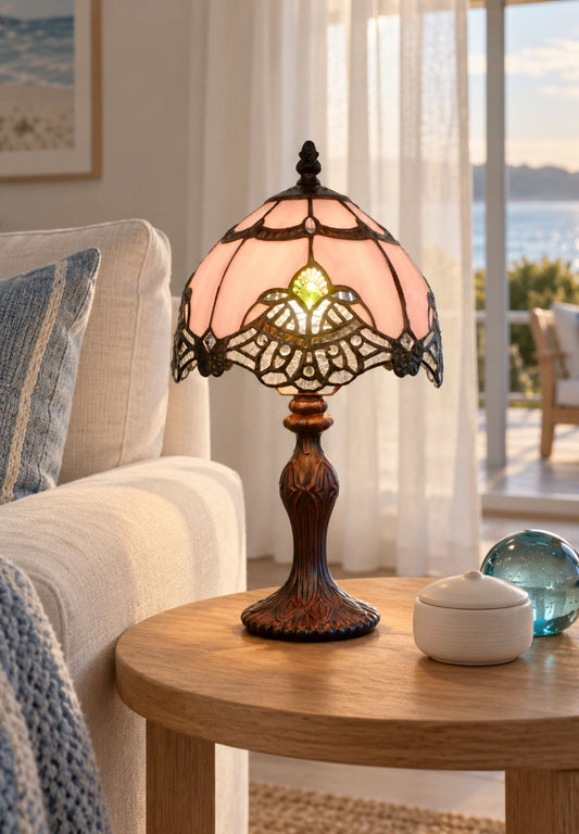 Lavender Pink Stunning 8" Rococo Style curved Glass Tiffany Mini Lamp