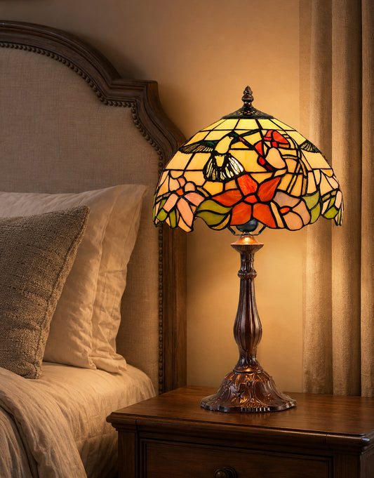 Classic 12" Hummingbird and Floral Tiffany Bedside Lamp