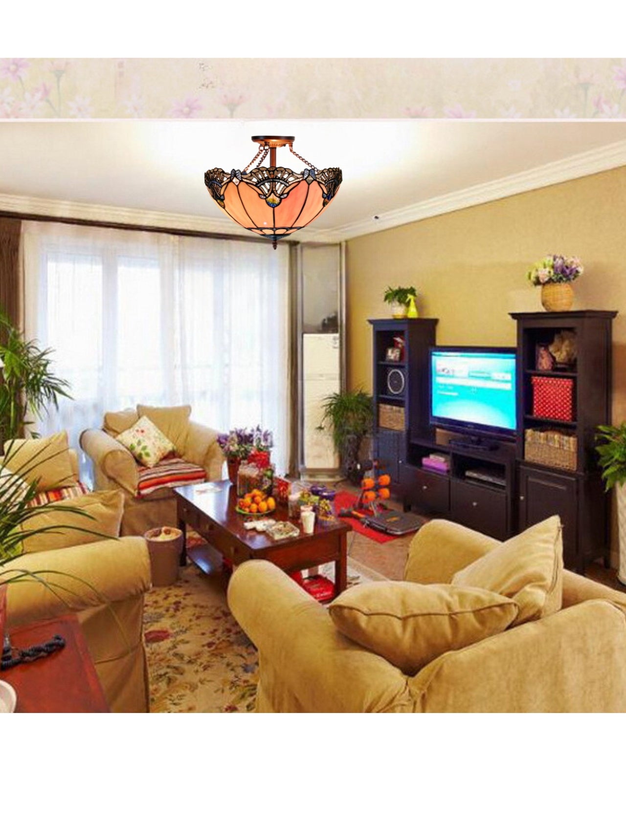 Large 16" Pink Rococo Style Tiffany  Uplighter Ceiling Light *Perfect for low ceilings Large 16" Pink Rococo Style Tiffany  Uplighter Ceiling Light *Perfect for low ceilings