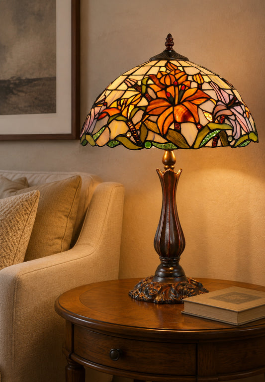 Large 16" Oriental Lily Style Stained Glass Leadlight Tiffany Table Lamp