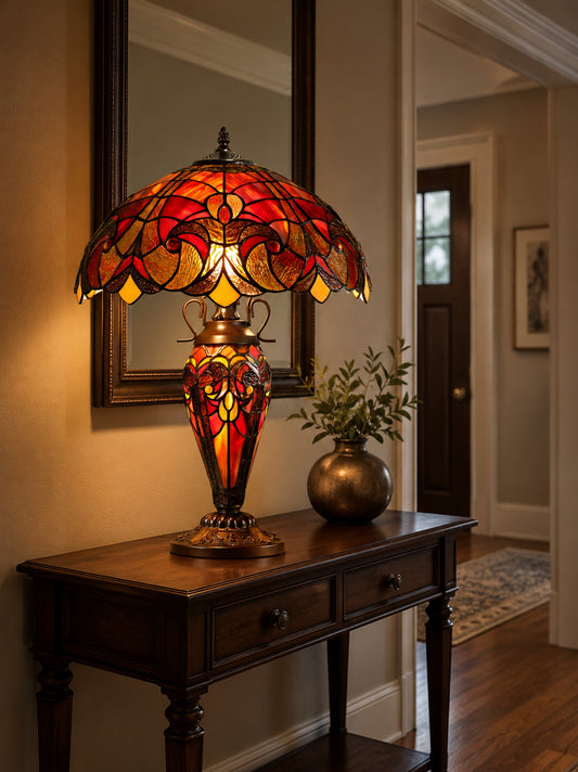 Limited Edition 16" Large Amor Red Victorian-Style Double-Light Tiffany Table Lamp.