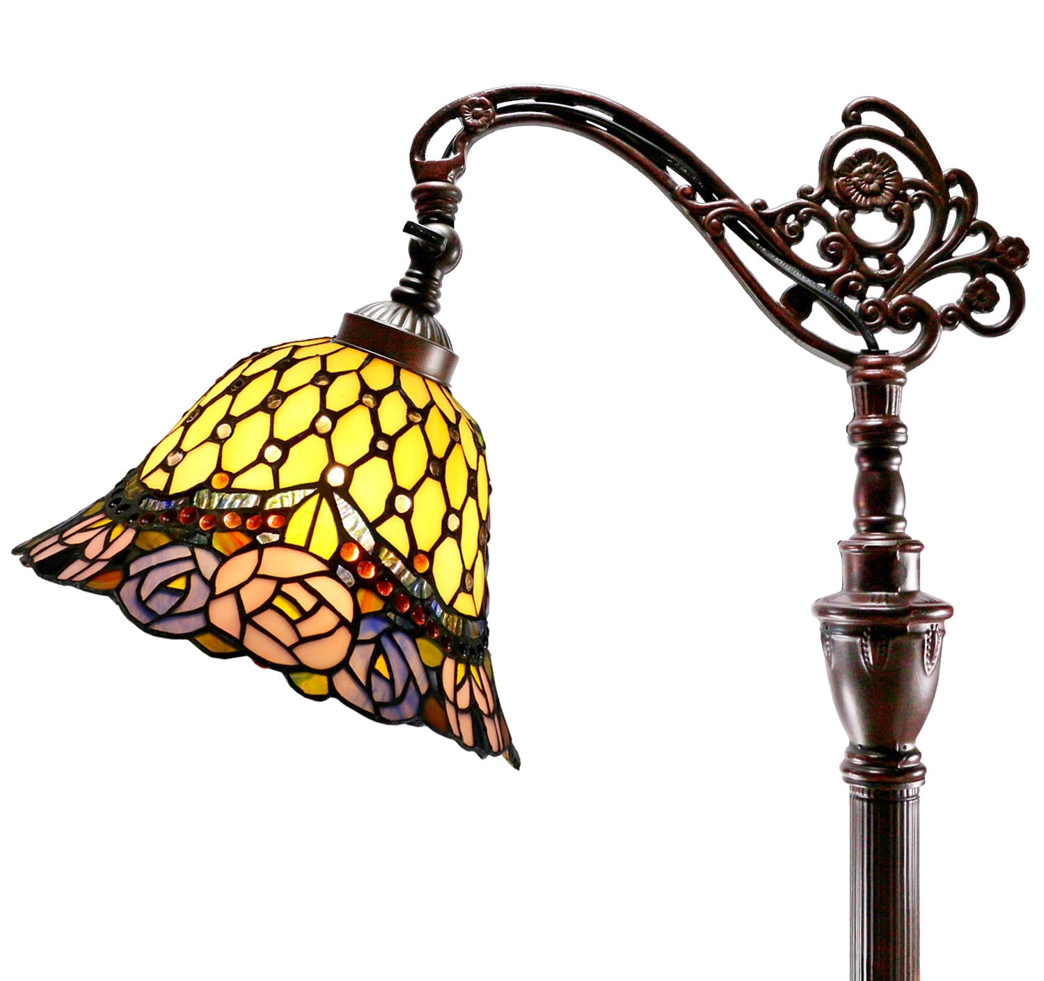 Jeweled Rose Leadlight Stained Glass Bridge Arm Tiffany  Floor Lamp Jeweled Rose Leadlight Stained Glass Bridge Arm Tiffany  Floor Lamp