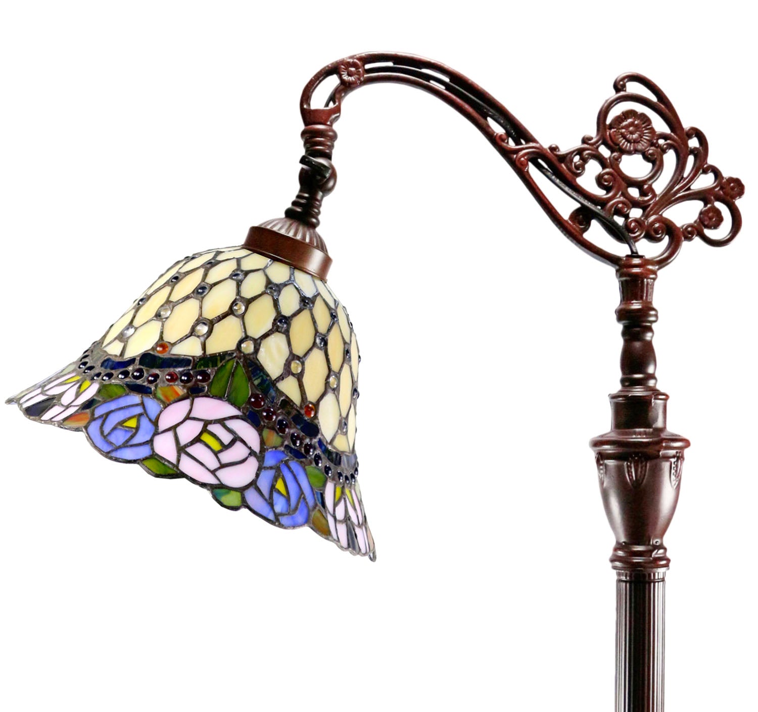Jeweled Rose Leadlight Stained Glass Bridge Arm Tiffany  Floor Lamp Jeweled Rose Leadlight Stained Glass Bridge Arm Tiffany  Floor Lamp