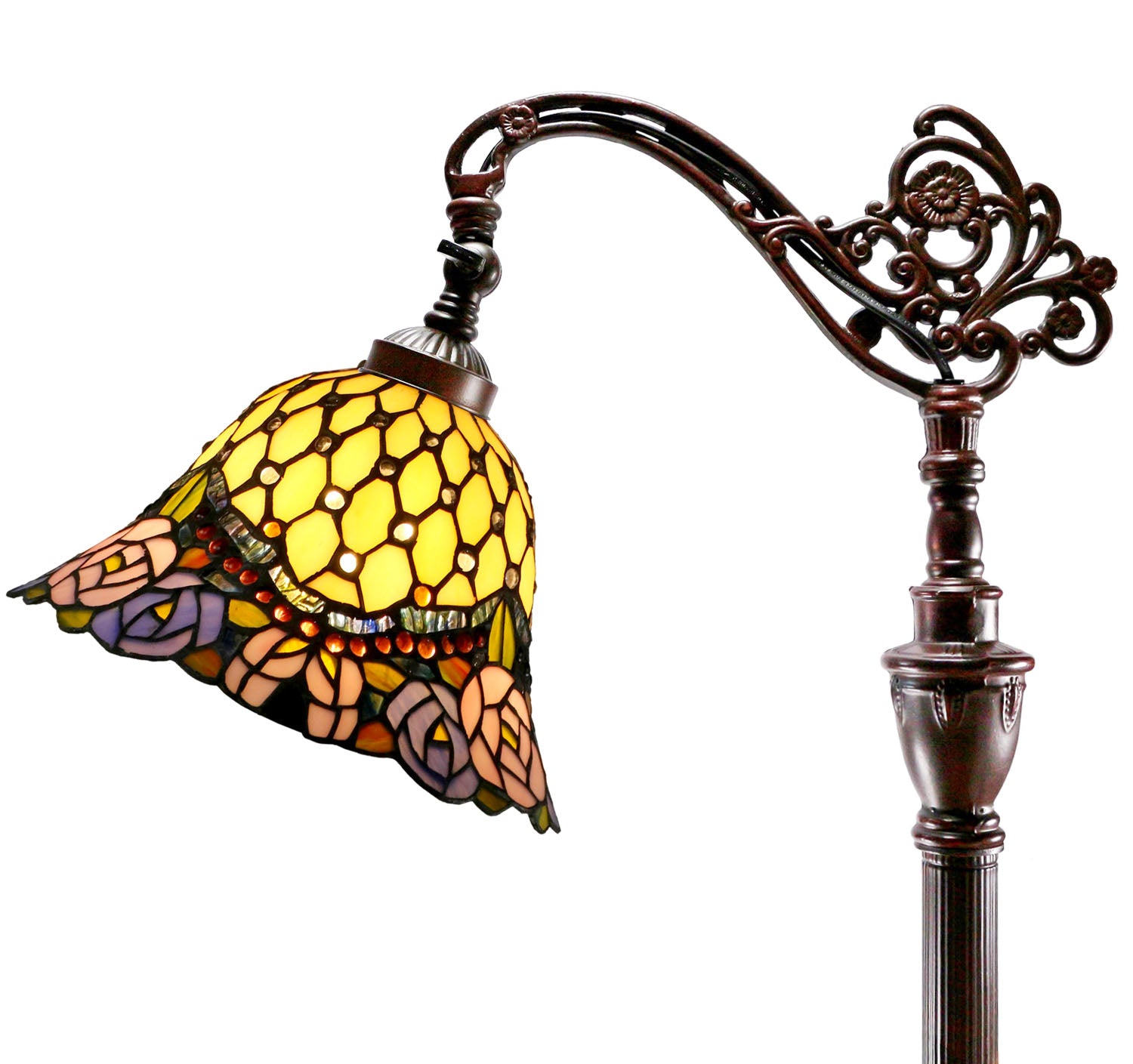 Jeweled Rose Leadlight Stained Glass Bridge Arm Tiffany  Floor Lamp Jeweled Rose Leadlight Stained Glass Bridge Arm Tiffany  Floor Lamp