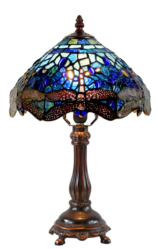10"  Traditional Blue Dragonfly Style Tiffany Bedside Lamp