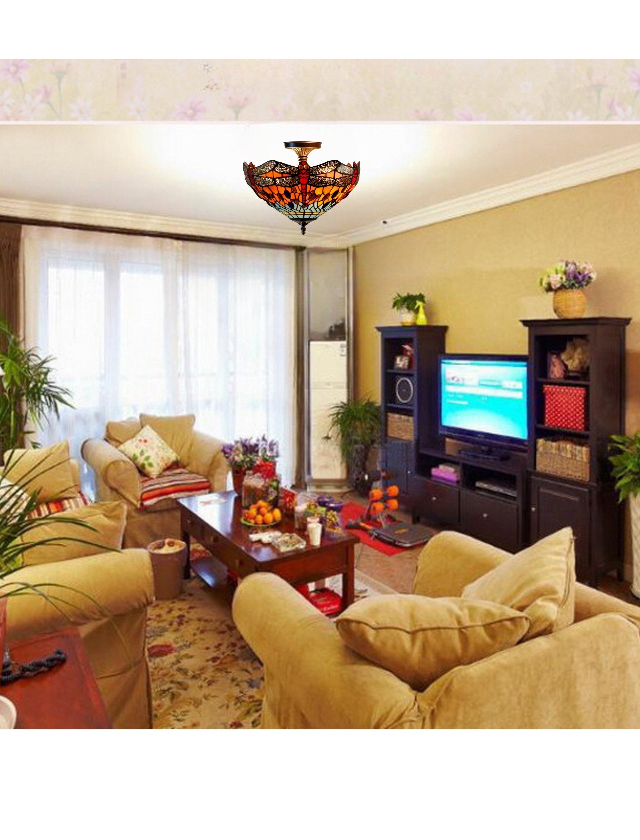 14" Red Dragonfly style Tiffany  Uplighter Ceiling Light *Perfect for low ceilings 14" Red Dragonfly style Tiffany  Uplighter Ceiling Light *Perfect for low ceilings