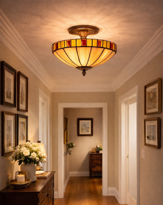 14" Vintage Garnet Glow Tiffany Flush Mount – Perfect for Low Ceilings