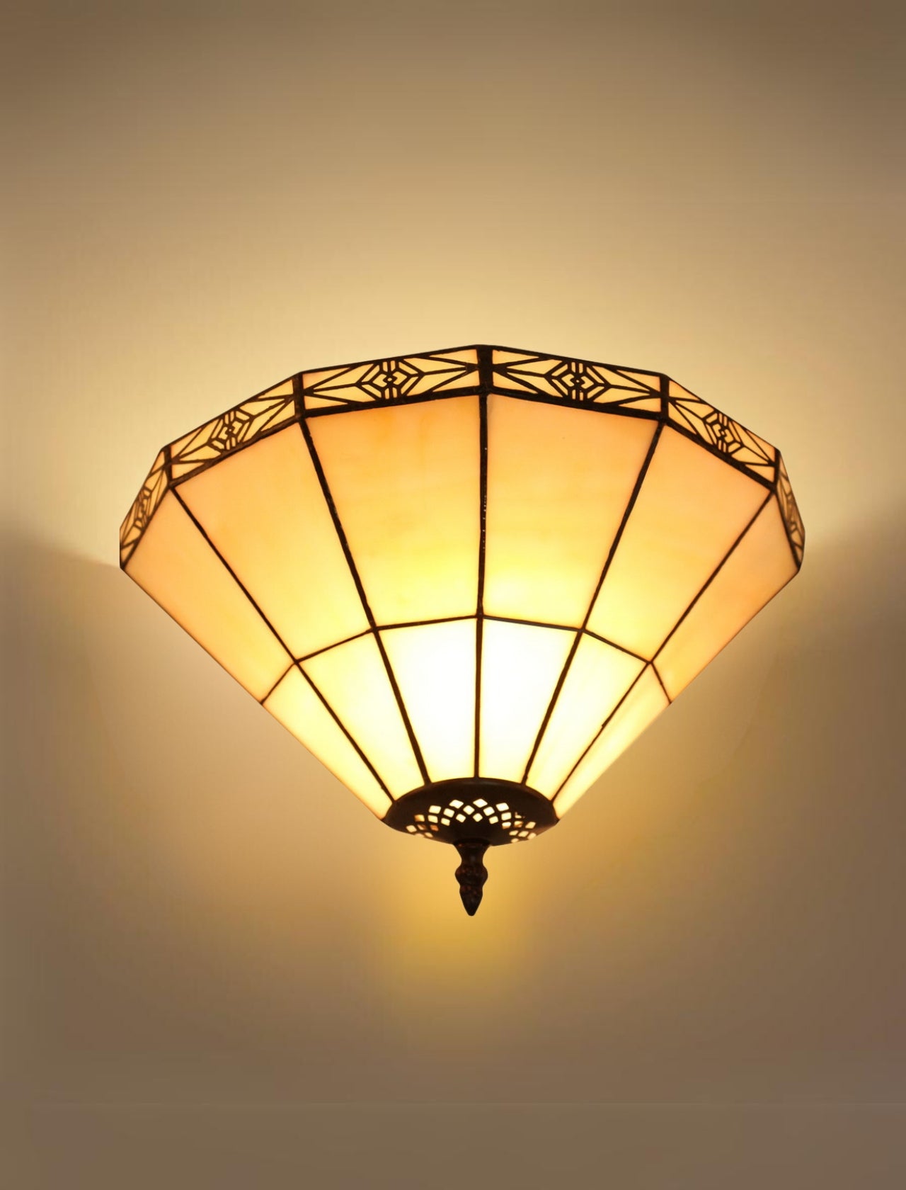 Mission Stained Glass Tiffany Wall Light  with Intricate Filigree Accent Mission Stained Glass Tiffany Wall Light  with Intricate Filigree Accent