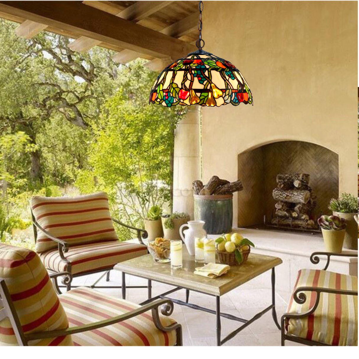 Large 16" Vibrant Fruits Style Stained Glass Tiffany Pendant Light Large 16" Vibrant Fruits Style Stained Glass Tiffany Pendant Light