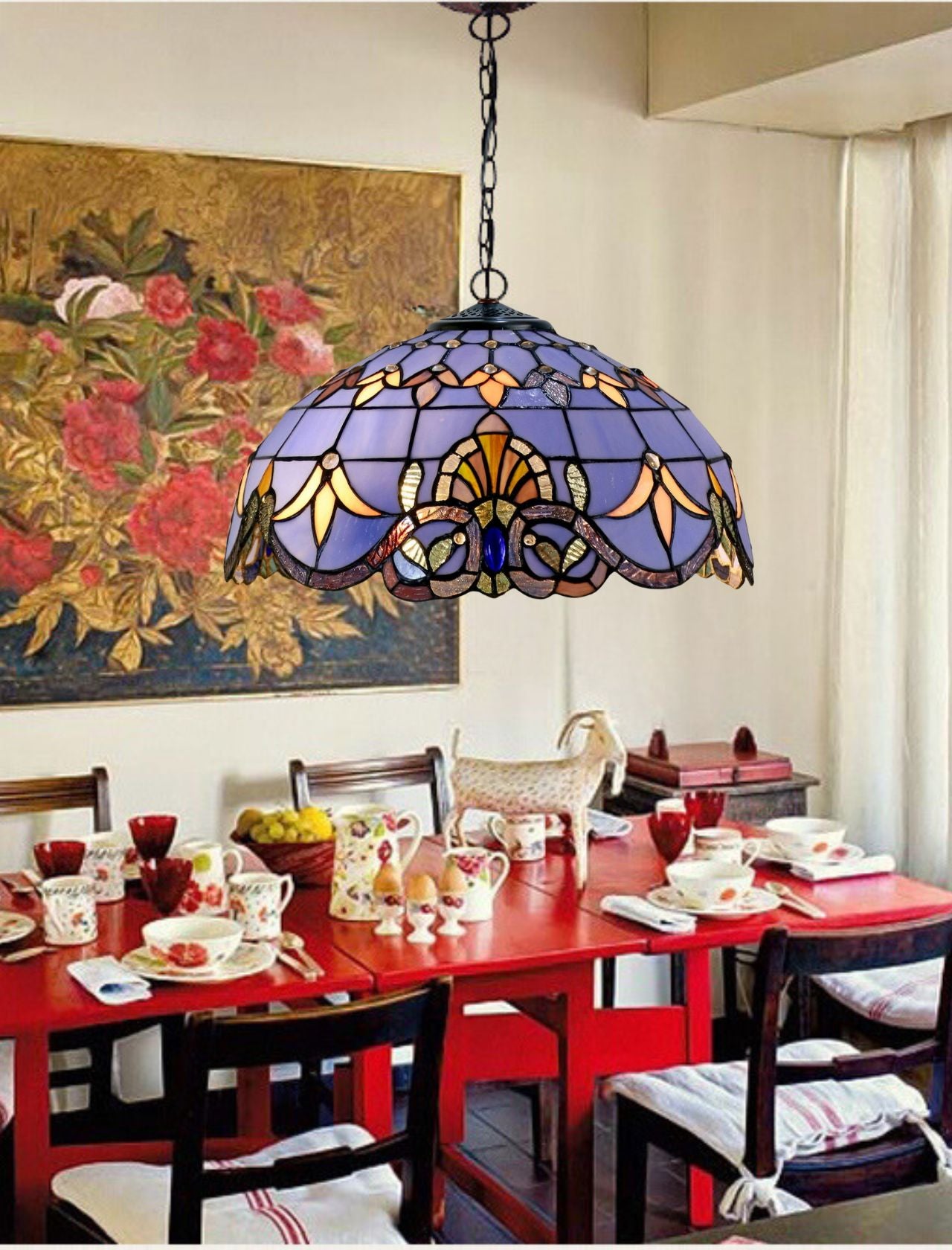 Large 16" Blue Baroque Style Leadlight Tiffany  Pendant Light Large 16" Blue Baroque Style Leadlight Tiffany  Pendant Light