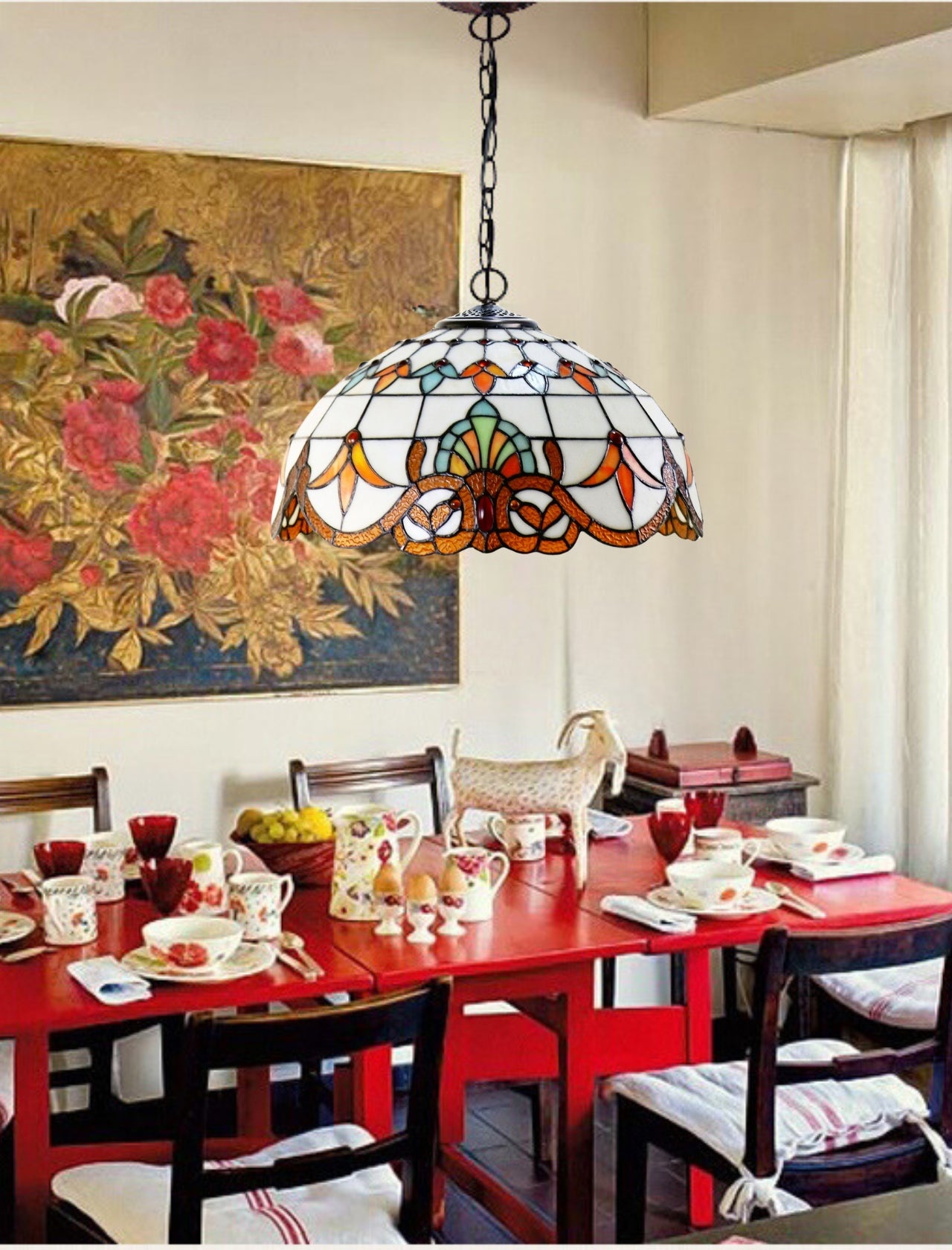 Large 16" Beige Baroque Style Leadlight Tiffany  Pendant Light Large 16" Beige Baroque Style Leadlight Tiffany  Pendant Light