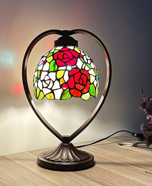 Rose Tiffany Style Stained Glass Table Lamp with Heart-shaped Metal Base