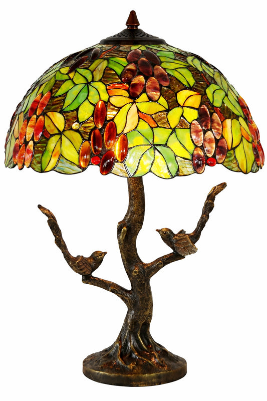 Large 16" Tiffany Style Grape Table Lamp with Bird Tree Base
