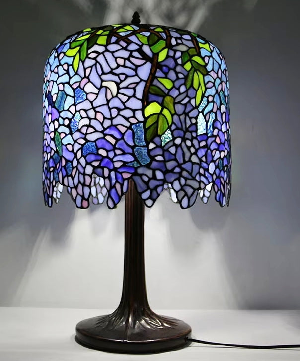 Limited Edition@Blue Wisteria Tiffany Stained Glass Table Lamp with Trunk Base Limited Edition@Blue Wisteria Tiffany Stained Glass Table Lamp with Trunk Base