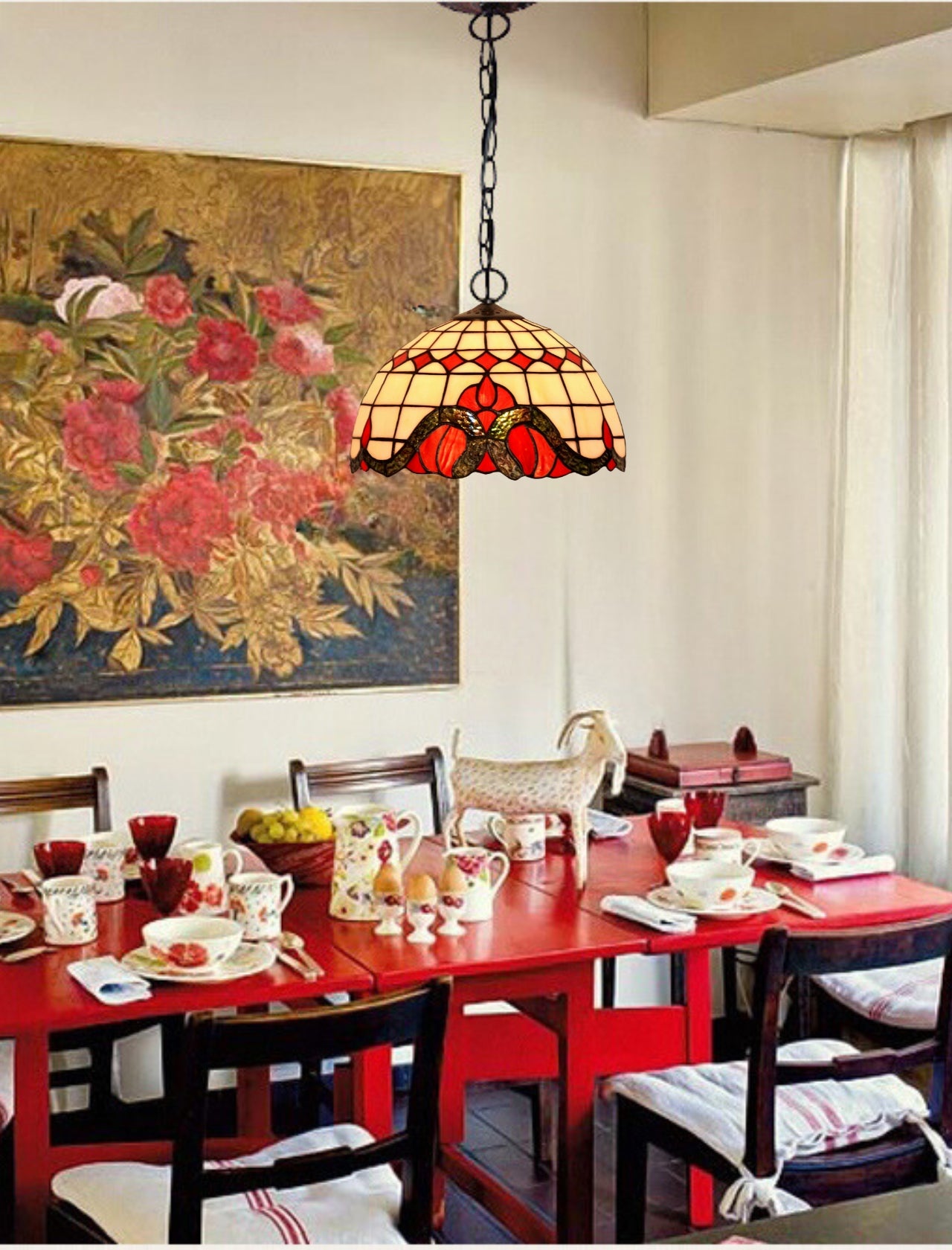 12" Red Art Nouveau Stained Glass Tiffany Pendant Light 12" Red Art Nouveau Stained Glass Tiffany Pendant Light