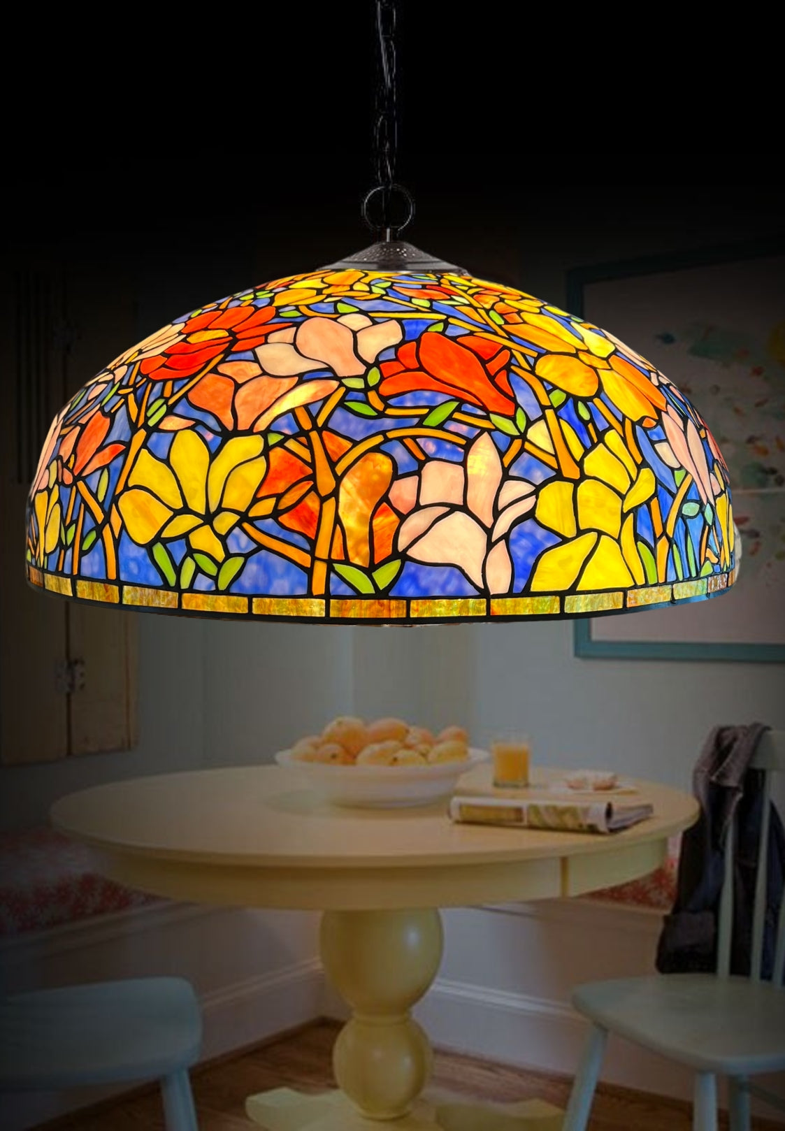 Huge 22" Magnolia Flower Stained Glass Tiffany Hanging Light Huge 22" Magnolia Flower Stained Glass Tiffany Hanging Light
