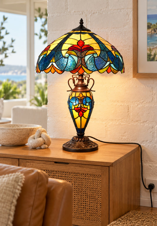 Premium 16" Blue Art Nouveau Tiffany Style Table Lamp with Illuminated Base
