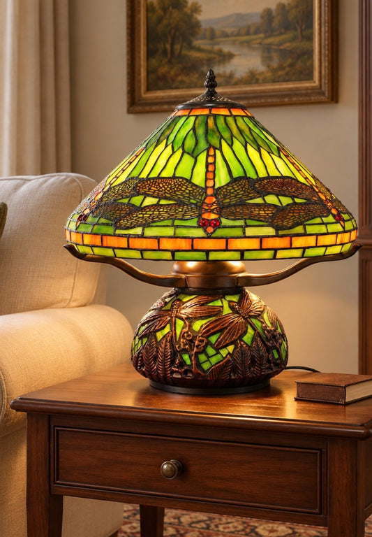 Premium 16" Green Dragonfly Tiffany Table Lamp with Mosaic Base