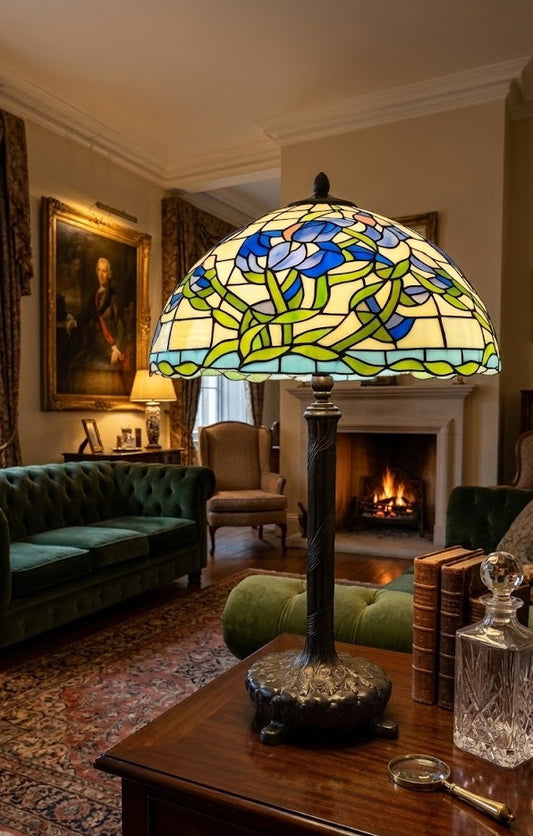 18" Iris Tiffany Style Table Lamp – Handcrafted Stained Glass Floral Lamp with Vintage Bronze Base