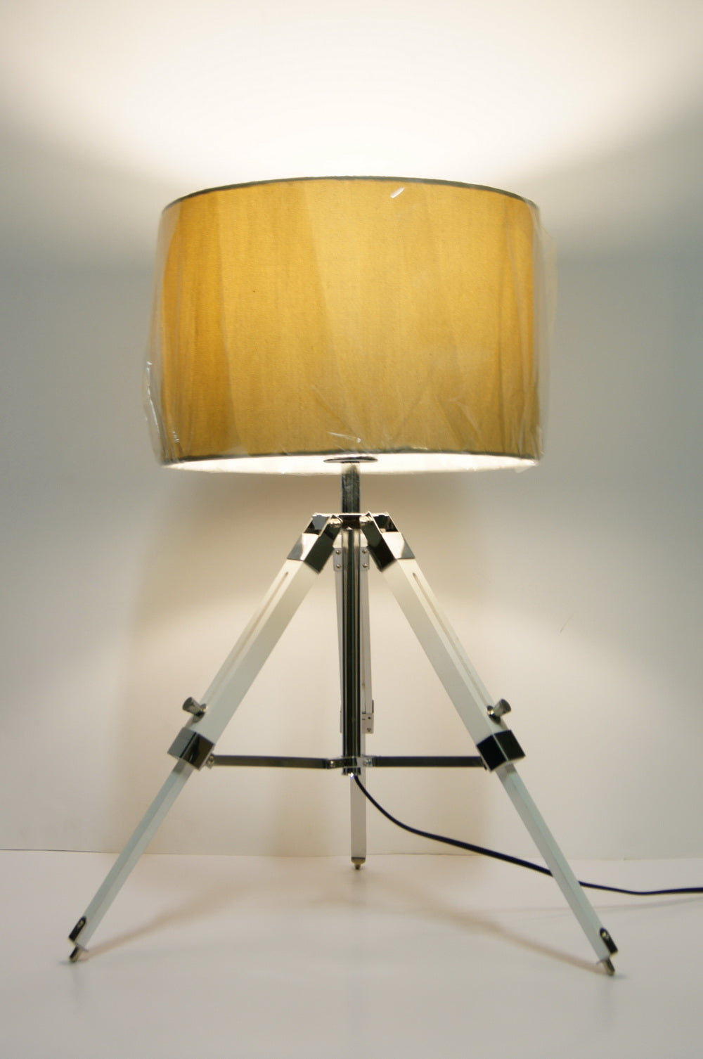 Limited Stock @Striking industrial style Tripod Table Lamp Beige shade with white wooden base Limited Stock @Striking industrial style Tripod Table Lamp Beige shade with white wooden base