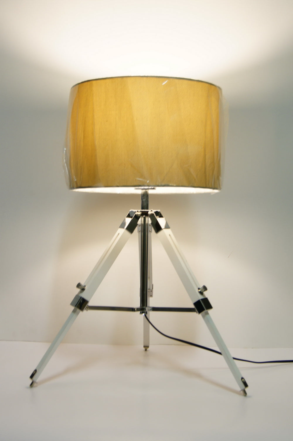 Limited Stock @Striking industrial style Tripod Table Lamp Beige shade with white wooden base Limited Stock @Striking industrial style Tripod Table Lamp Beige shade with white wooden base