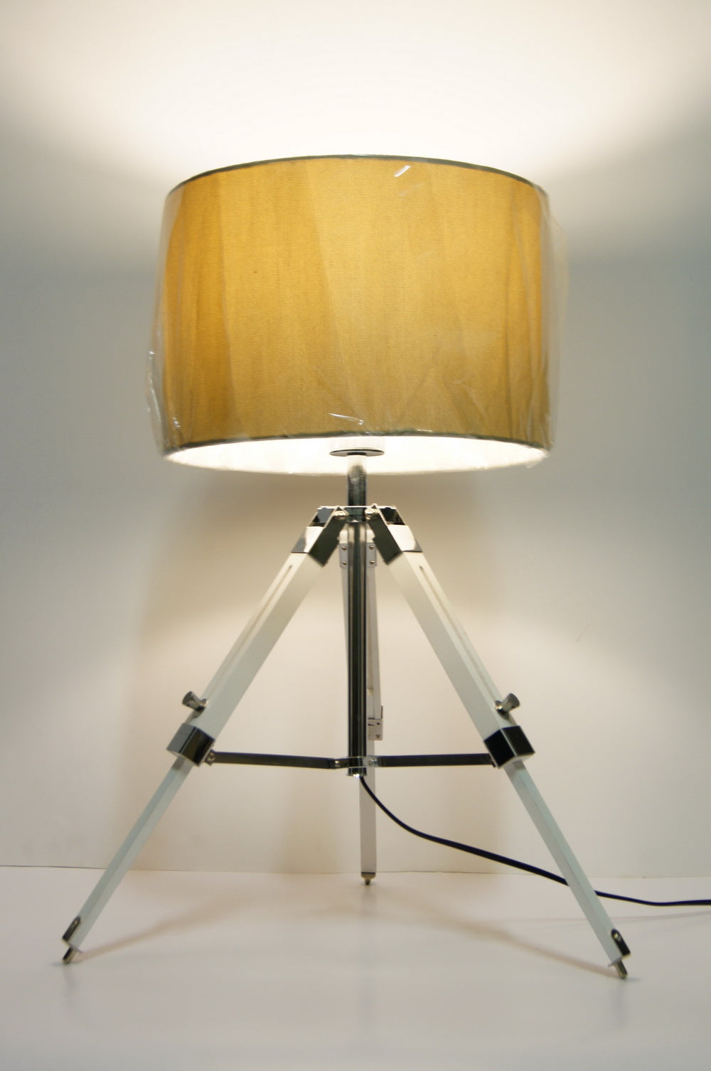 Limited Stock @Striking industrial style Tripod Table Lamp Beige shade with white wooden base Limited Stock @Striking industrial style Tripod Table Lamp Beige shade with white wooden base