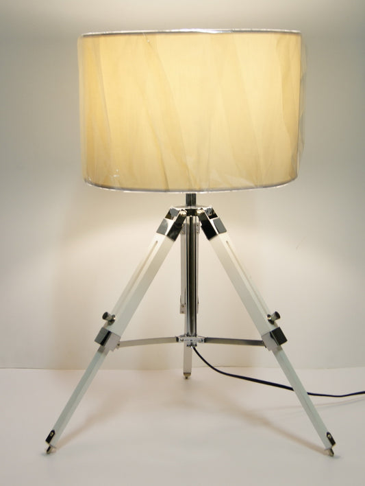 industrial style Tripod Table Lamp White shade with white wooden base