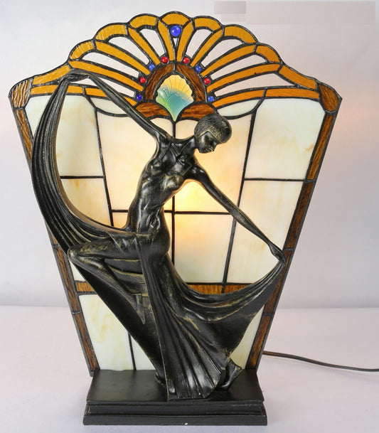 Art Deco Dancer Figurines Tiffany Stained Glass Accent Lamp