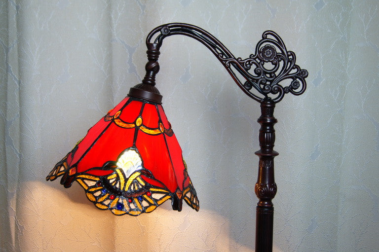 Red Jewel Carousel Style Leadlight Stained Glass Bridge Arm Tiffany  Floor Lamp Red Jewel Carousel Style Leadlight Stained Glass Bridge Arm Tiffany  Floor Lamp