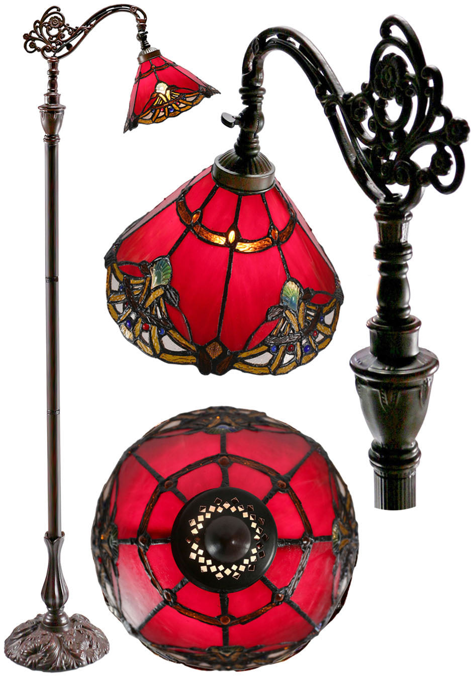 Red Jewel Carousel Style Leadlight Stained Glass Bridge Arm Tiffany  Floor Lamp Red Jewel Carousel Style Leadlight Stained Glass Bridge Arm Tiffany  Floor Lamp