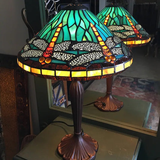 12" Sky  Blue Red Dragonfly Style Tiffany Bedside Lamp