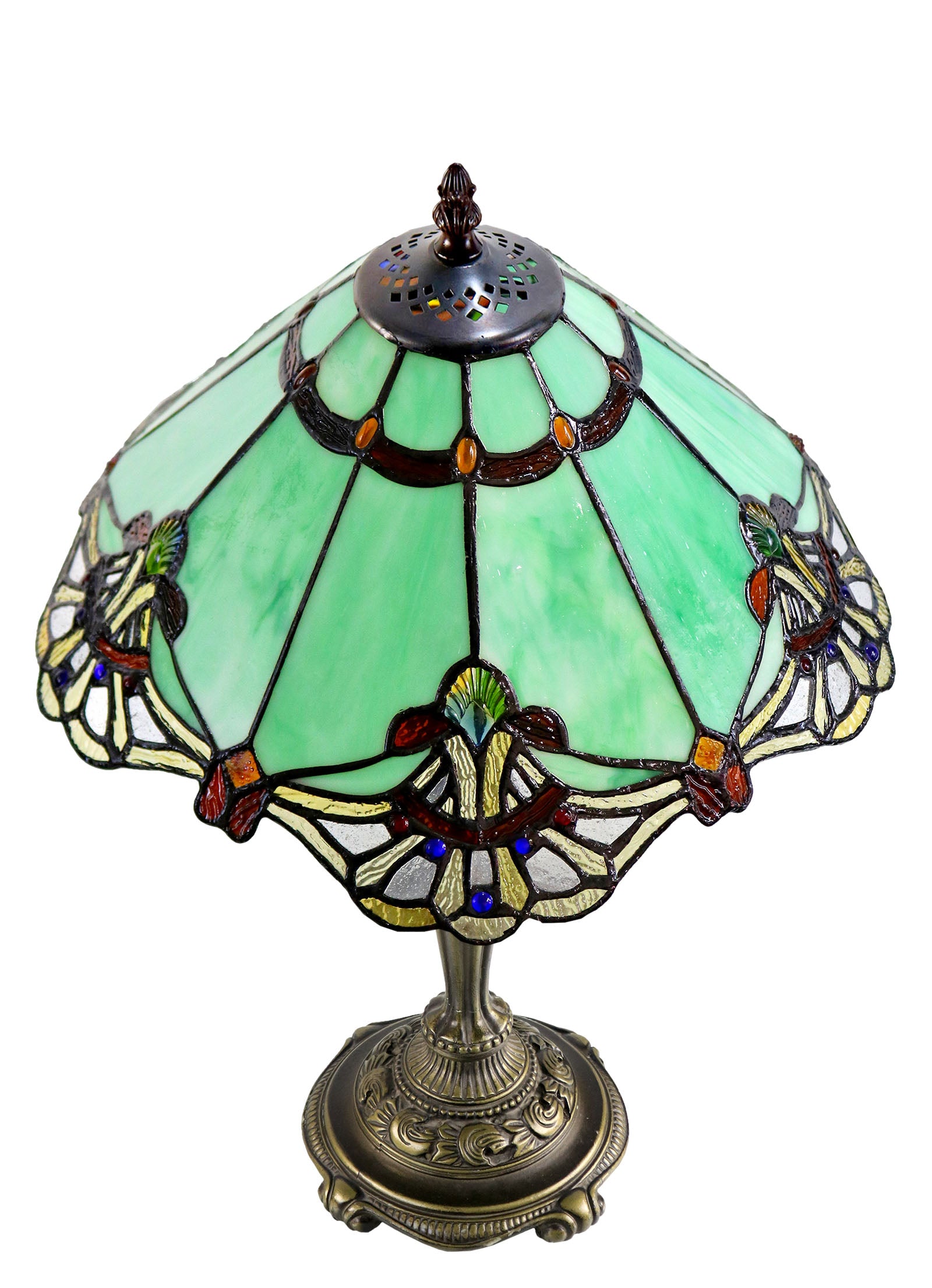 14" Green Jewel Carousel Tiffany Table Bedside Lamp 14" Green Jewel Carousel Tiffany Table Bedside Lamp