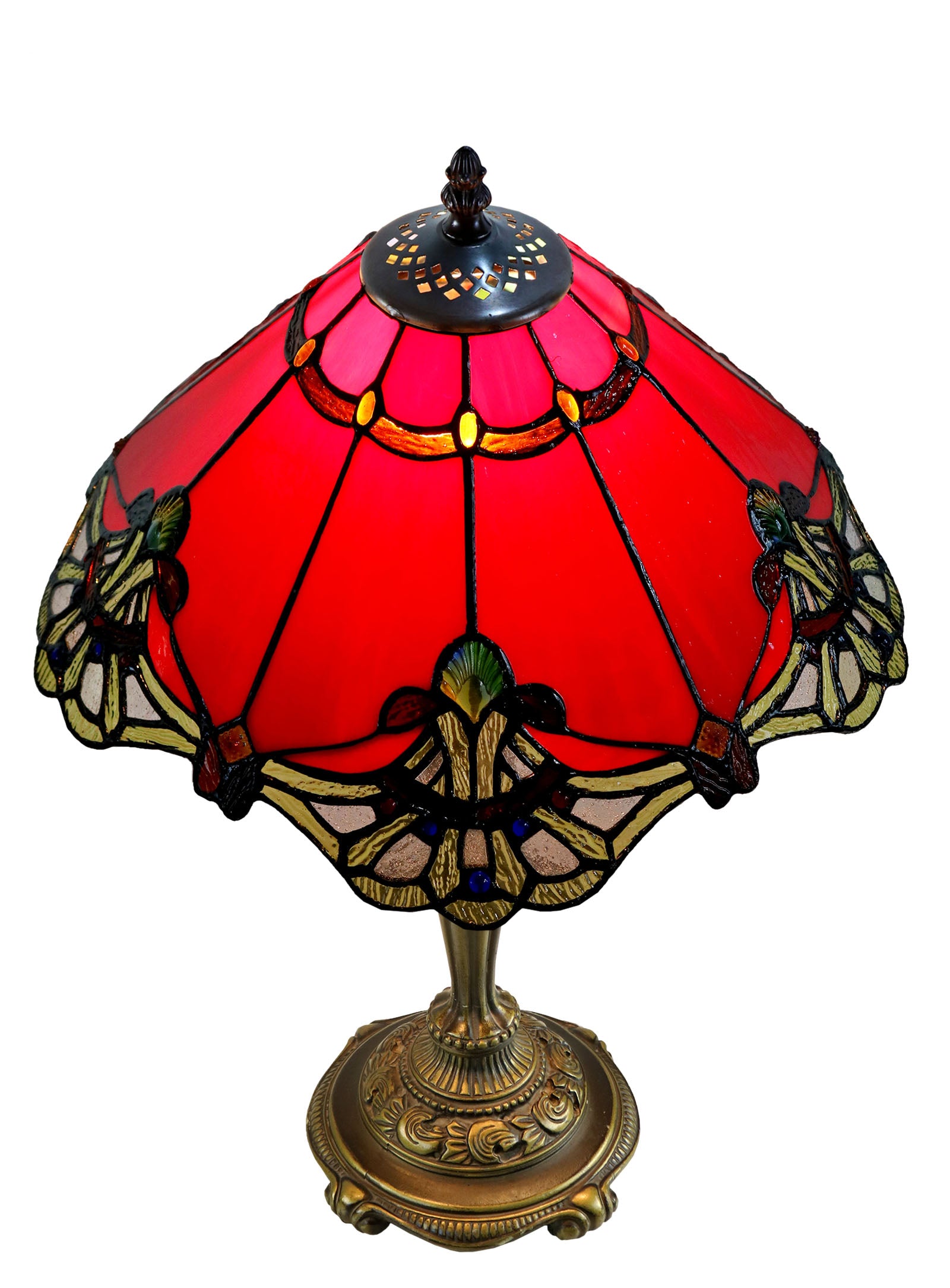 14" Red Jewel Carousel Tiffany Table Bedside Lamp 14" Red Jewel Carousel Tiffany Table Bedside Lamp