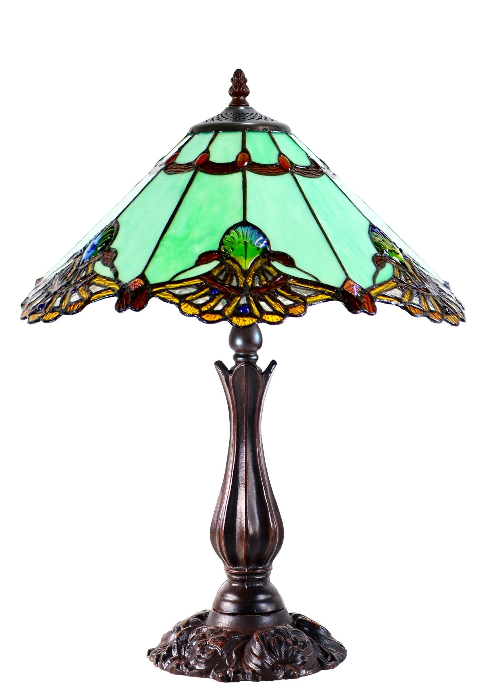 Large 16" Carousel Jadestone Accent Tiffany Lamp Table Lamps-Green Large 16" Carousel Jadestone Accent Tiffany Lamp Table Lamps-Green