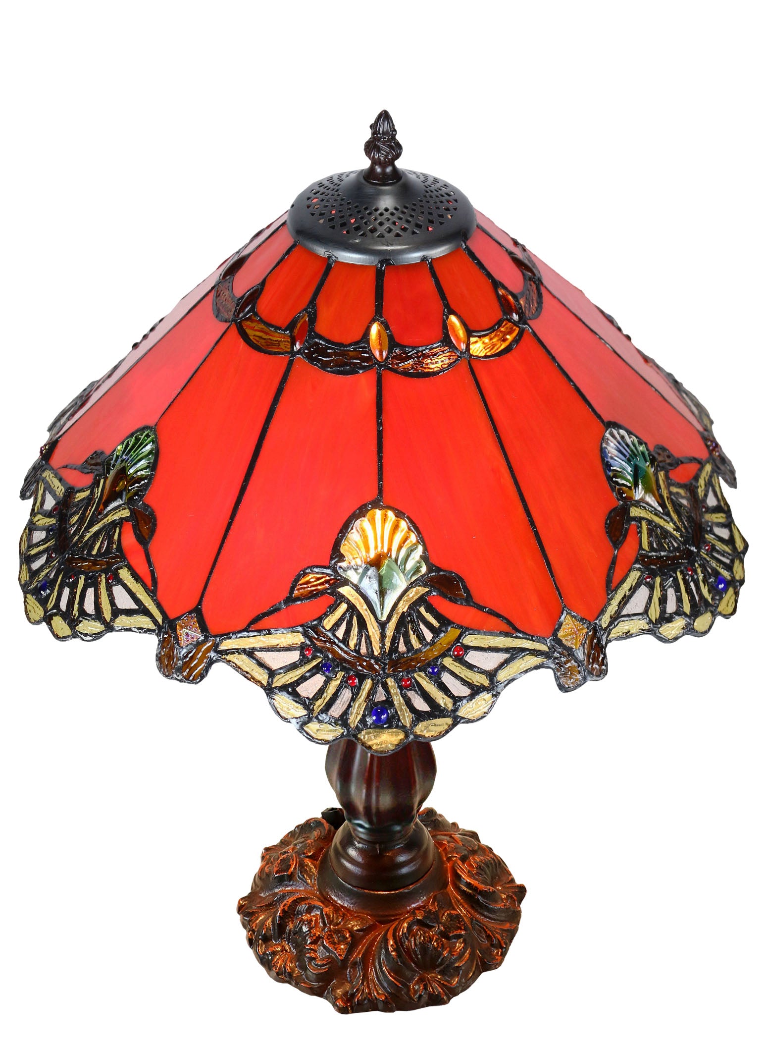 Large 16" Carousel Jadestone Accent Tiffany Lamp Table Lamps-RED Large 16" Carousel Jadestone Accent Tiffany Lamp Table Lamps-RED