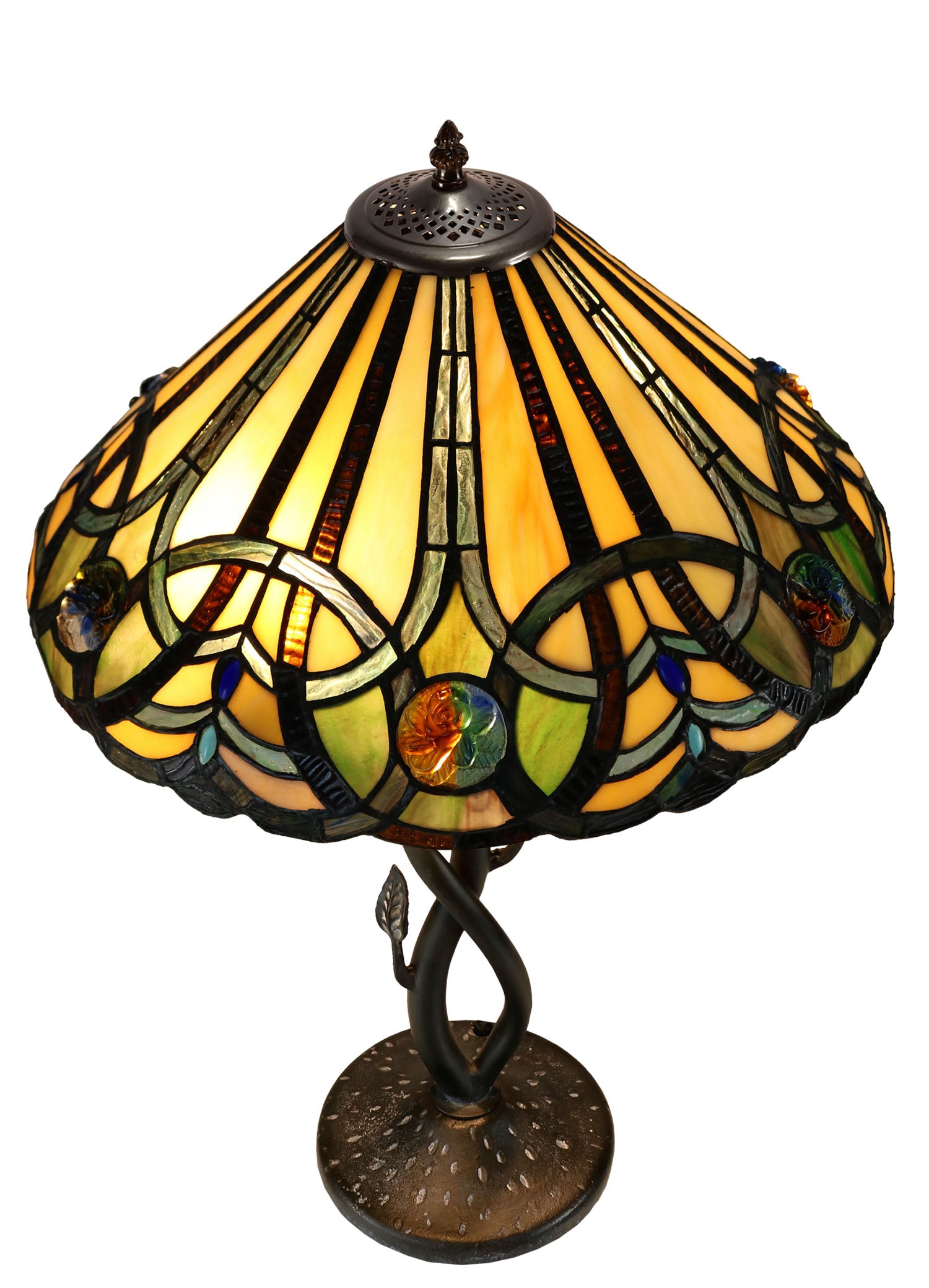16" Large Victorian Ribbon Tiffany Table Lamp Country and Rustic Style Iron base 16" Large Victorian Ribbon Tiffany Table Lamp Country and Rustic Style Iron base