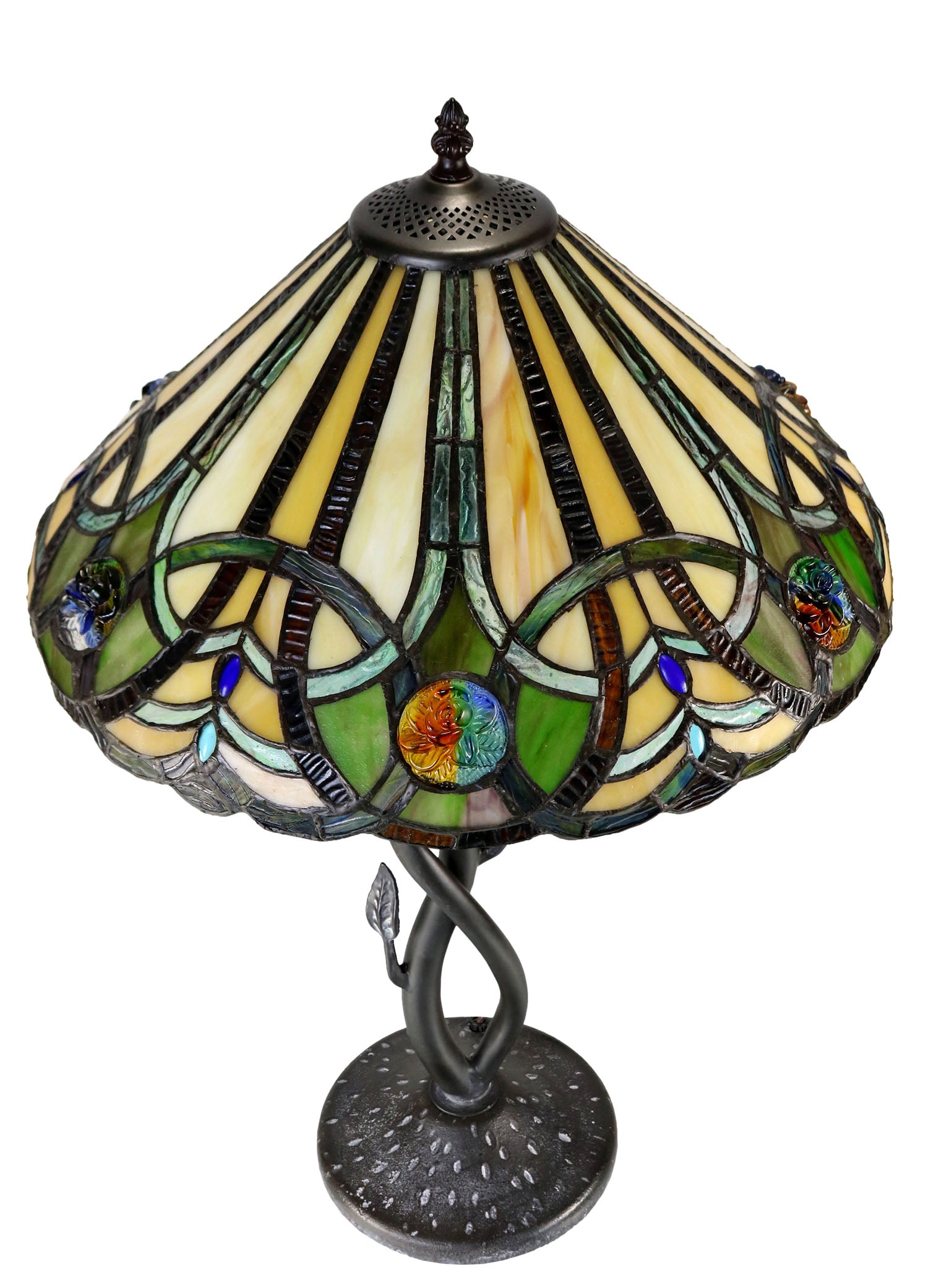 16" Large Victorian Ribbon Tiffany Table Lamp Country and Rustic Style Iron base 16" Large Victorian Ribbon Tiffany Table Lamp Country and Rustic Style Iron base