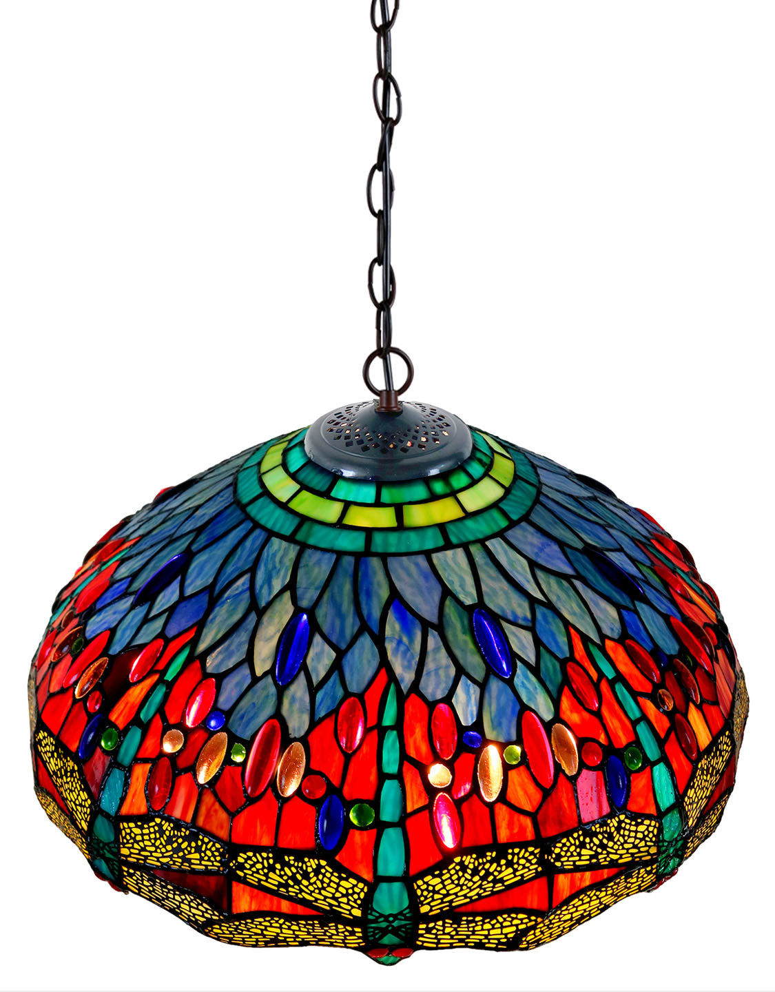 Huge 18" Red Blue Dragonfly Style Stained Glass Tiffany Hanging Light