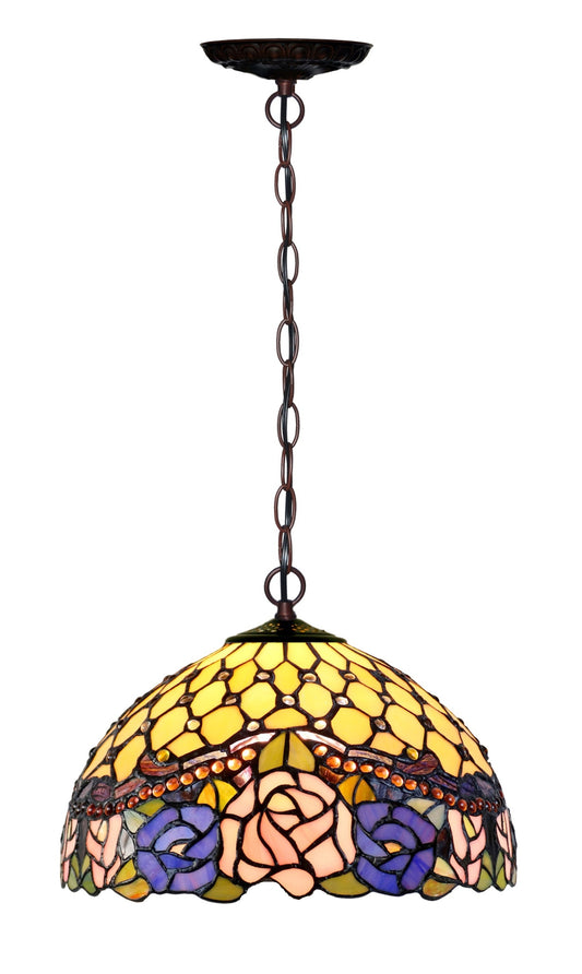 12"  Jeweled Rose Style Stained Glass Tiffany Pendant Light