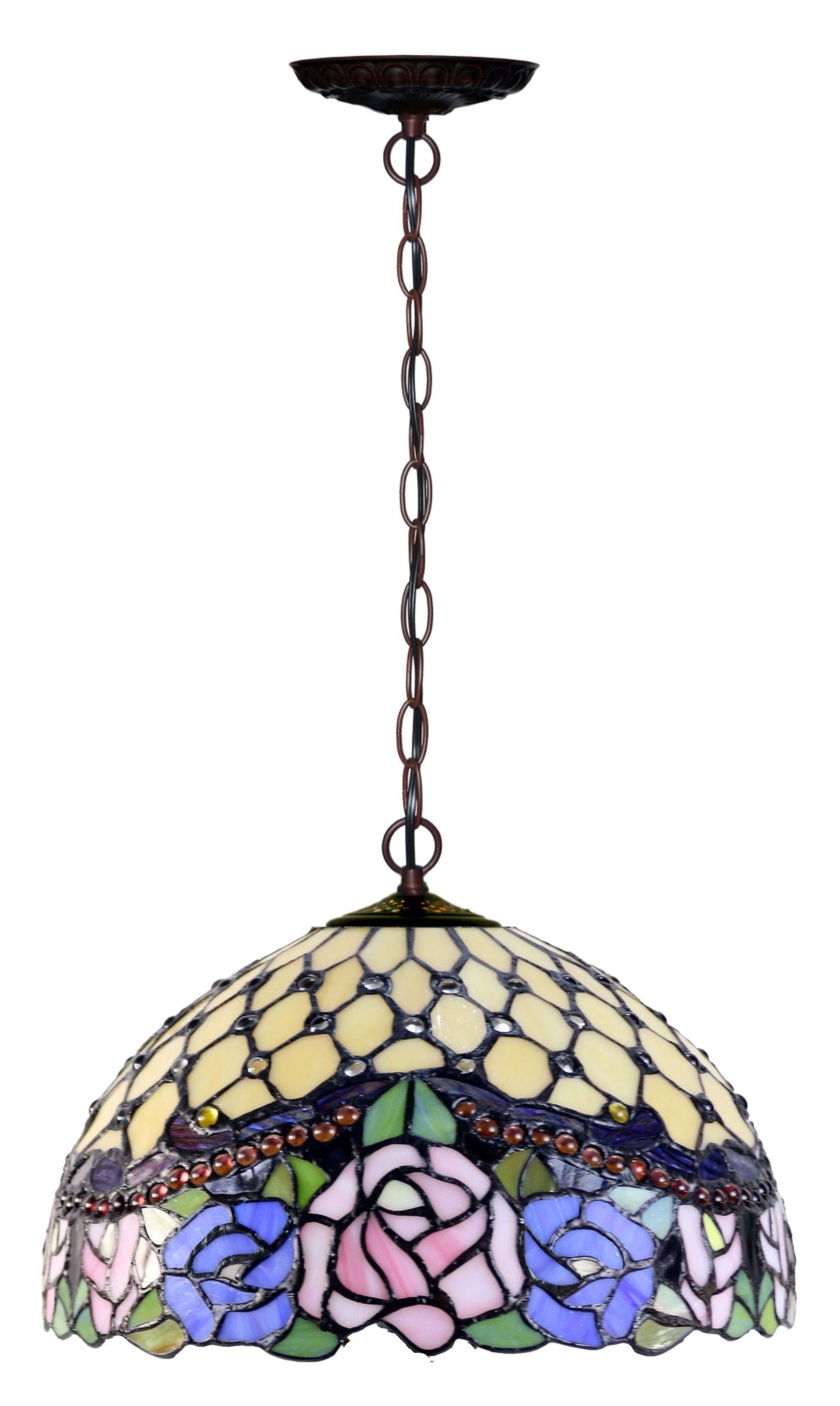 12"  Jeweled Rose Style Stained Glass Tiffany Pendant Light 12"  Jeweled Rose Style Stained Glass Tiffany Pendant Light