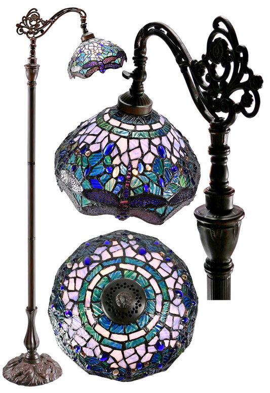 Blue Dragonfly Style Leadlight Stained Glass Bridge Arm Tiffany  Floor Lamp