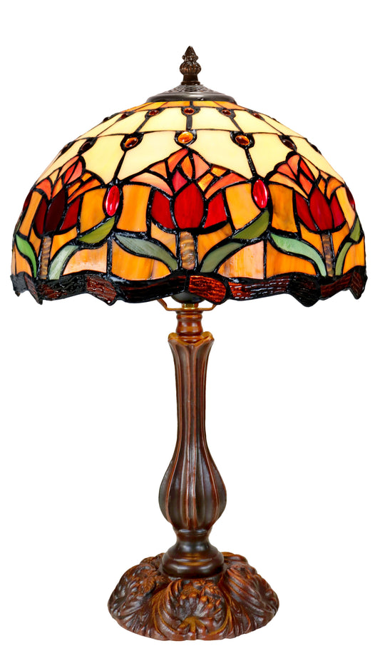 12" Red Tulip Style Tiffany Bedside Lamp